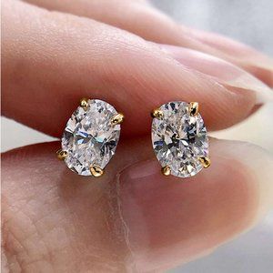 14K Gold Oval 2ct Diamond Stud Womens Earrings Ladies 14 K Silver Studs Jewelry